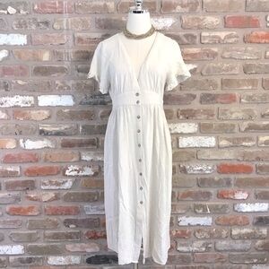 WISHLIST APPAREL Women's Natural Linen V-neck Button-Down Midi Dress L NEW